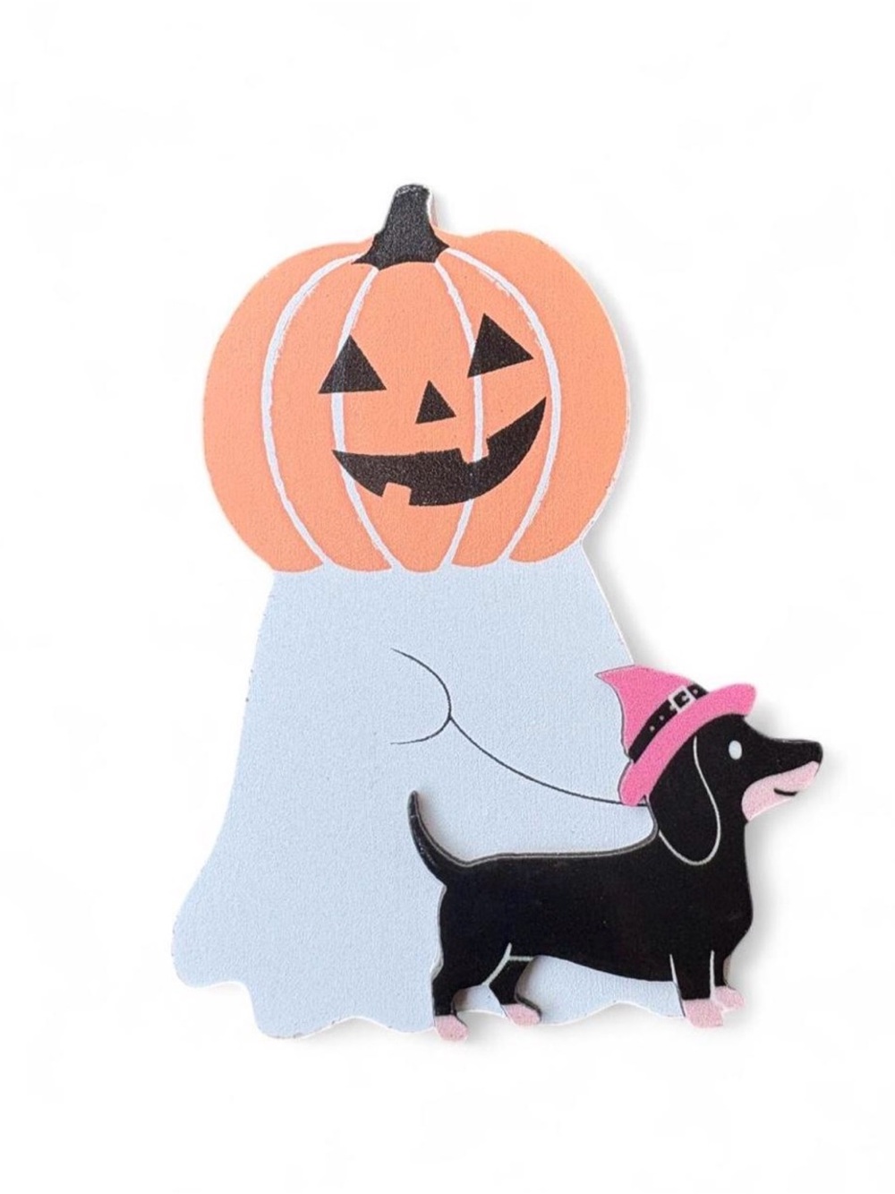 Wooden Halloween Dachshund Pumpkin Decoration - Black & Pink
